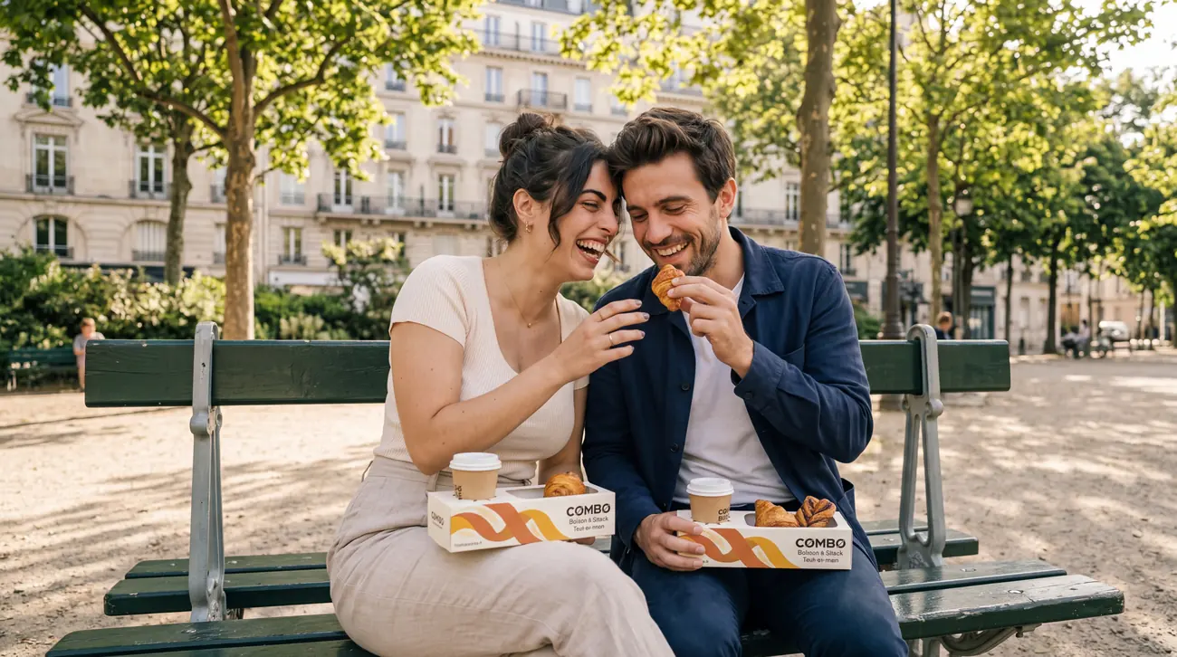 Un couple partage café et viennoiseries sur un banc, avec la boîte COMBO
