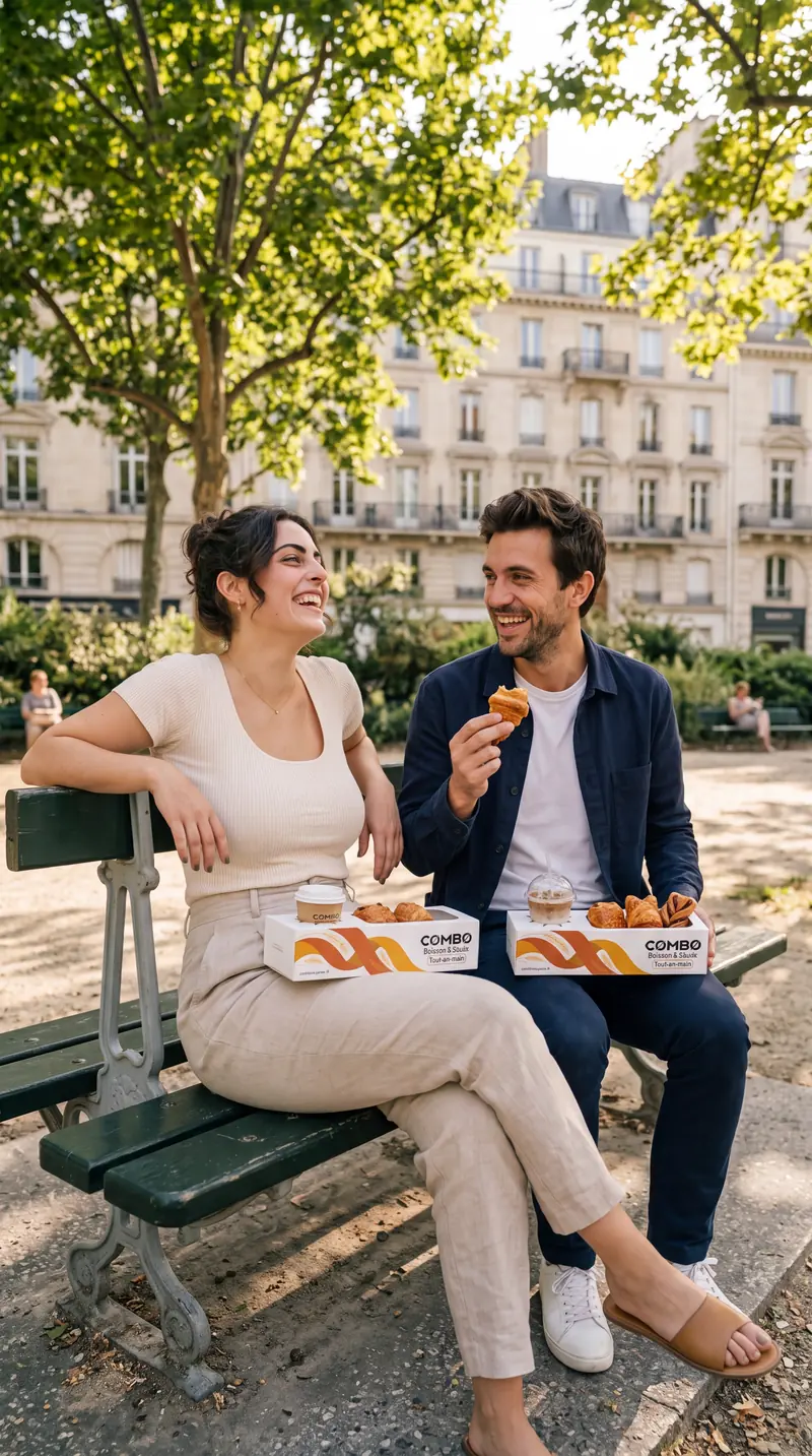 Un couple partage café et viennoiseries sur un banc