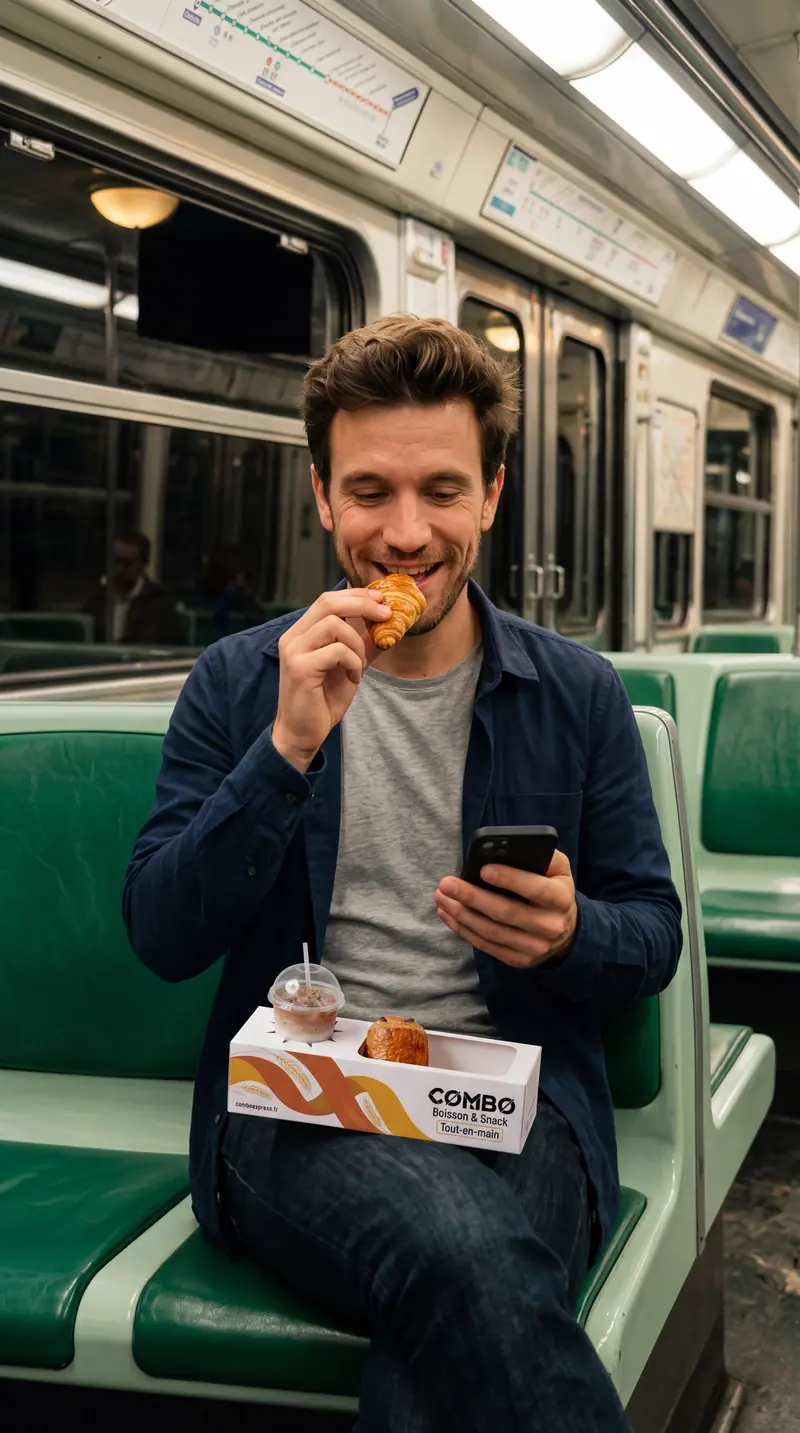 Assis dans le métro, il mange sa viennoiserie, la boîte posée sur les genoux