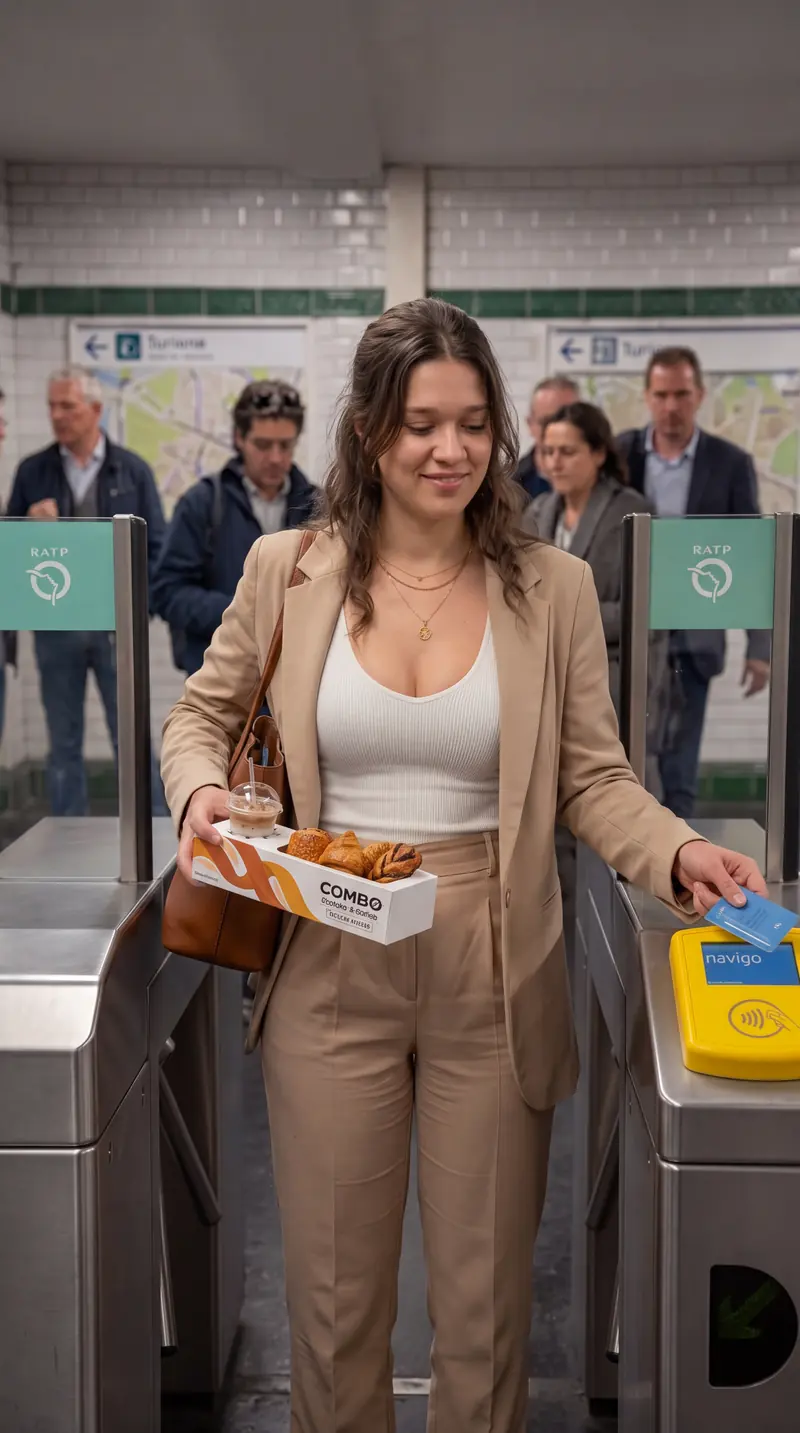 Au tourniquet du métro, elle valide son passe, café et viennoiseries dans une seule main