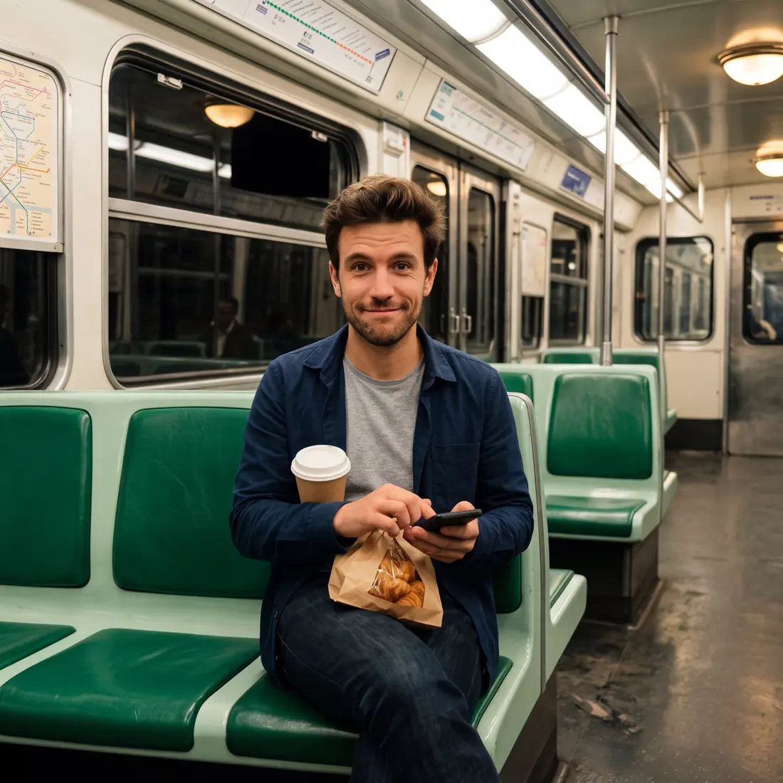 Assis dans le métro, un gobelet dans une main, son sachet dans l’autre