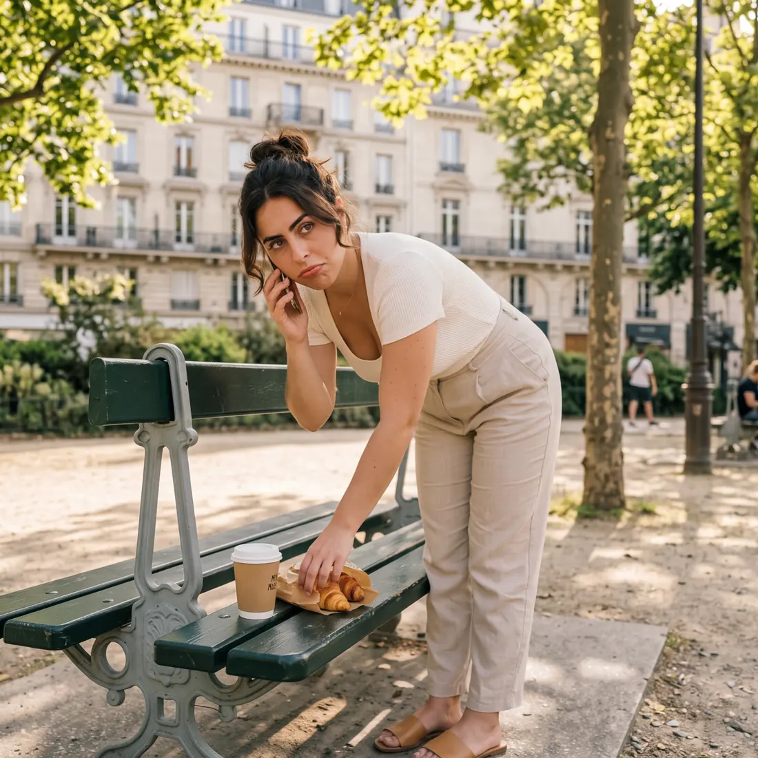 Au parc, rien où poser : elle mange debout, penchée sur le banc