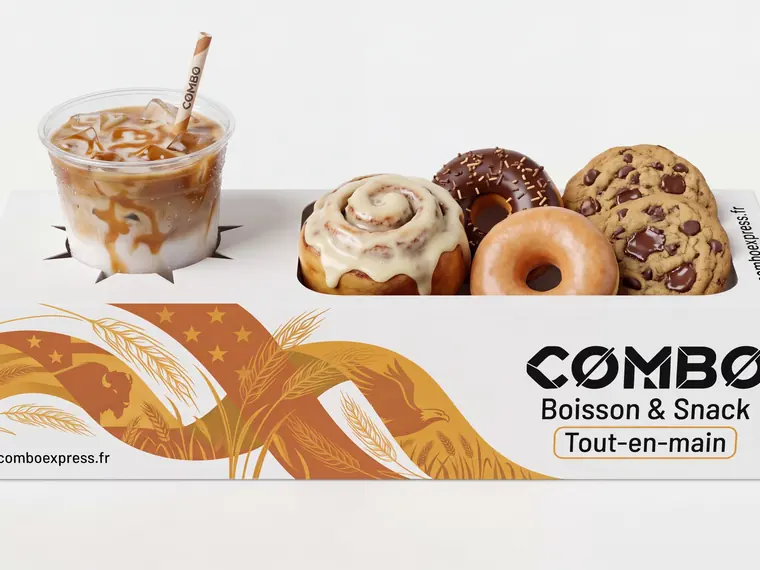 Café glacé, roulé à la cannelle et donut